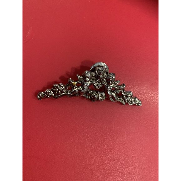 VTG Silver Tone Cherub Victorian Rose Swag Brooch Push Pin Clasp Detailed Ornate - Picture 8 of 9